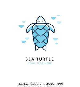 Vector concept of logo with turtle in a linear style. Template suitable for emblem of sea cruise, travel company, diving, dolphinarium, oceanarium.