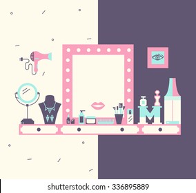 Vector concept of makeup table and dressing room. Modern flat design and trendy colors.  