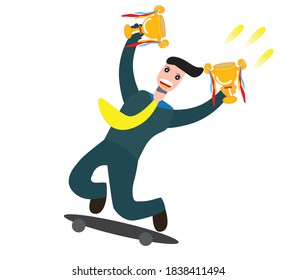 Concepto vectorial de hombre sosteniendo taza de oro. Ilustración de vectores planos. Premio a la realización de emprendedores