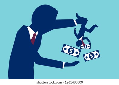 Vector concept of man shaking business partner to take all his money on blue background