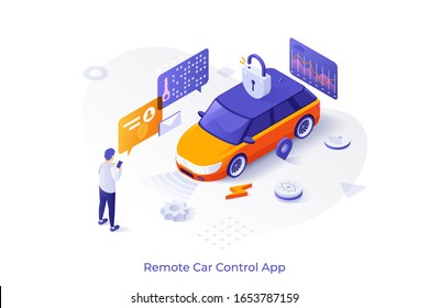 Vector concept with man standing in front of electric automobile and unlocking it and place for text. Application for remote car control, modern technology. Isometric illustration for website.