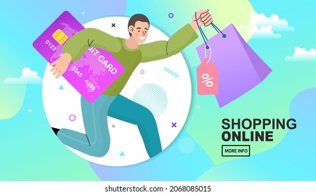 Vector Concept Marketing und Digital Marketing. Internet digitale Ladenszene mit Mann beim Einkaufen. E-Commerce-Werbung Illustration. 