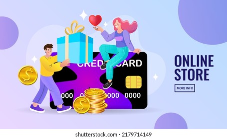 Vector Concept Marketing and Digital marketing, Shopping online on website or mobile application, Online delivery service concept. credit balance and budget. woman with credit card. EPS10. 