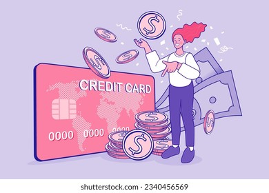 Vector Concept Marketing y marketing digital, Compras en línea en sitio web o aplicación móvil, concepto de servicio de entrega en línea. saldo de crédito y presupuesto. mujer con tarjeta de crédito. EPS10.