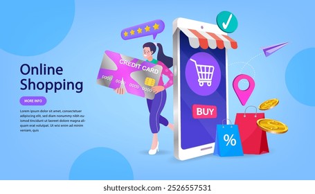 Concepto de Vector Marketing y marketing digital, Compras en línea en Sitio web o aplicación móvil, Concepto de servicio de entrega en línea. saldo de crédito y presupuesto. mujer con tarjeta de crédito. EPS10. 