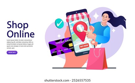 Vector Concept Marketing and Digital marketing, Shopping online on website or mobile application, Online delivery service concept. credit balance and budget. woman with credit card. EPS10. 