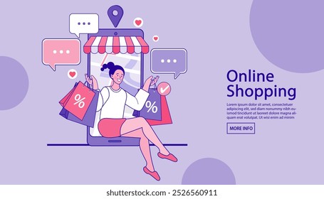 Vector Concept Marketing and Digital marketing, Shopping online on website or mobile application, Online delivery service concept. credit balance and budget. woman with credit card. EPS10. 