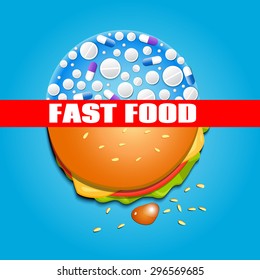 Vector concept medical background. Hamburger and drugs. Fast food. Vector backdrop. Health care.