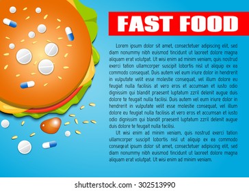 Vector concept medical background. Hamburger and drugs. Fast food. Vector backdrop. Health care.