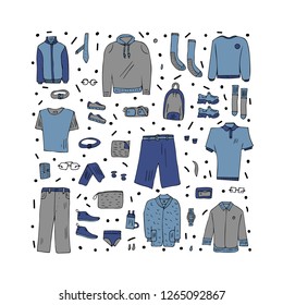 Vector concept with men apparel and accessories set in doodle style. Collection of male clothes, shoes isolated on white background. 