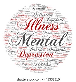 Vector concept mental illness disorder management or therapy round abstract word cloud isolated on background, metaphor to health, trauma, psychology, help, problem, treatment or rehabilitation