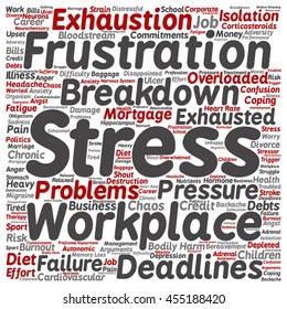 Vector concept mental stress at workplace or job abstract square word cloud isolated on background metaphor to health, work, depression, problem, exhaustion, breakdown, deadlines, risk, pressure