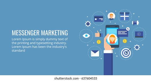 Vector concept of messenger marketing, mobile advertising for on-line business growth isolated on dark background