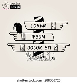 Vector concept of milepost with pointers in the form of human hands. It can be used for poster, icons, cards etc. Cartoon style