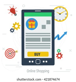 Vector concept mobile online shopping. Easy mobile online payroll operation. Smartphone with item and button buy clock target on white background. Flat style. Web infographics