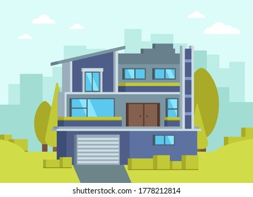 Vector concept of modern beautiful ecological house. Flat a green house away from the polluted city, which is surrounded by nature and fresh air. The main page of the site. Alternative energy sources.