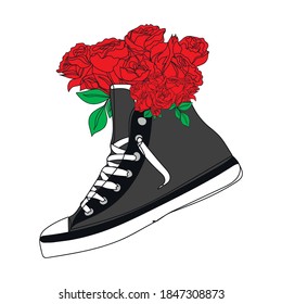 Concepto vectorial zapatos negros modernos con flores. Dibujo de una línea. Dibujo de línea continua de la ilustración del vector. Estilo de moda