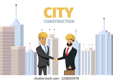 Vector Concept Modern City Construction Building. Vector Illustration Cartoon Men shaking hands City Background Isolated White Background. Two Men in Construction suits.