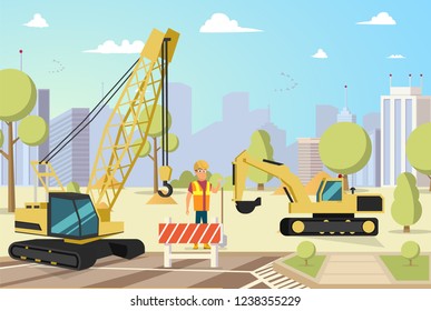 Vector Concept Modern City Construction Building. Vector Illustration Cartoon Builder correcting work Construction Crane. Construction Equipment prepares Building site.