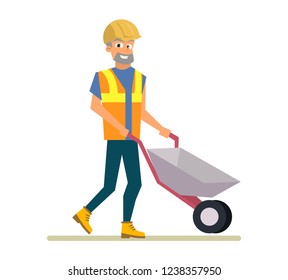 Vector Concept Modern City Construction Buildings. Vector Illustration Cartoon Construction Worker in Uniform with Trolley Isolated on White Background. Happy Smiling Builder in course his Work - Powered by Shutterstock - Get 15% off with code: PIKWIZARD15