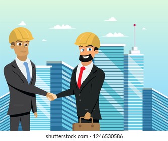Vector Concept Modern City Construction Buildings. Vector Illustration Cartoon Men shaking hands. Two Men in Construction suits. Profitable investment in Construction. Process Engineer