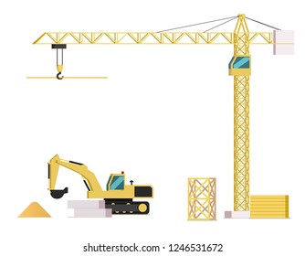 Vector Concept Modern City Construction Building. Vector Illustration Cartoon Building Crane raises Iron Beam. Excavator Process Digging holes for laying Foundation building. Isolated White Background