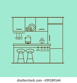 Vector concept of modern kitchen with fridge, utensils, furniture, interior decor. Design made of thin line. Linear flat style. Perfect for website banners and promotional materials.