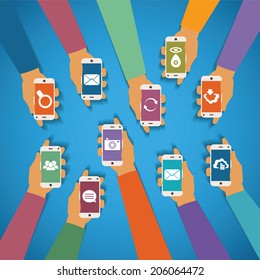 Conceito vetorial de tecnologia móvel sem fio moderna, como bate-papo de mensagem armazenamento em nuvem gps de email foto rede social e pesquisa de conteúdo