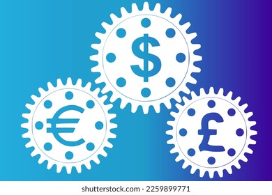 Vector concept, money makes the world go round. A gear mechanism with dollar, euro and pound sterling currency signs