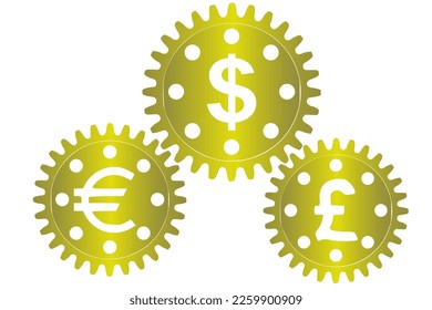 Vector concept, money makes the world go round. A gear mechanism with dollar, euro and pound sterling currency signs