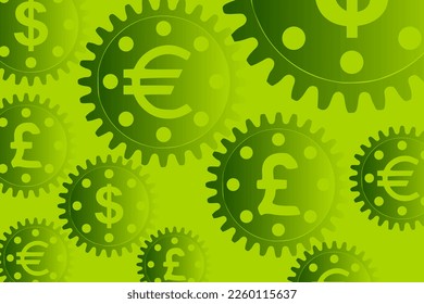Vector concept, money makes the world go round. A gear mechanism with dollar, euro and pound sterling currency signs