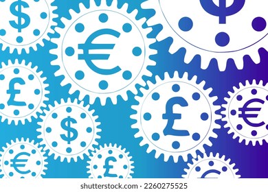 Vector concept, money makes the world go round. A gear mechanism with dollar, euro and pound sterling currency signs