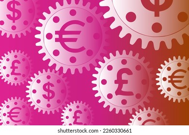 Concepto de vectores, el dinero hace que el mundo gire. Mecanismo de engranajes con signos de dólar, euro y libra esterlina
