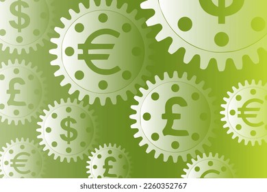 Vector concept, money makes the world go round. A gear mechanism with dollar, euro and pound sterling currency signs