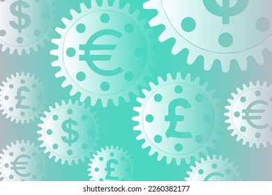 Vector concept, money makes the world go round. A gear mechanism with dollar, euro and pound sterling currency signs