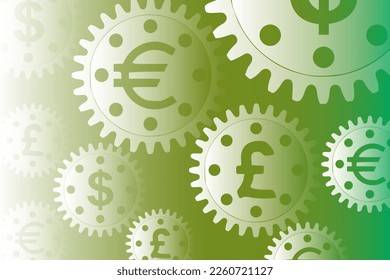 Vector concept, money makes the world go round. A gear mechanism with dollar, euro and pound sterling currency signs