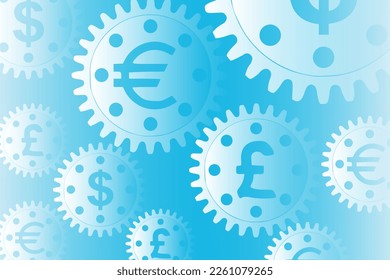 Vector concept, money makes the world go round. A gear mechanism with dollar, euro and pound sterling currency signs