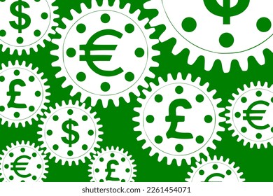 Vector concept, money makes the world go round. A gear mechanism with dollar, euro and pound sterling currency signs