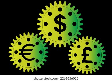 Concepto de vectores, el dinero hace que el mundo gire. Mecanismo de engranajes con signos de dólar, euro y libra esterlina