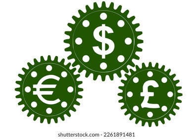 Vector concept, money makes the world go round. A gear mechanism with dollar, euro and pound sterling currency signs