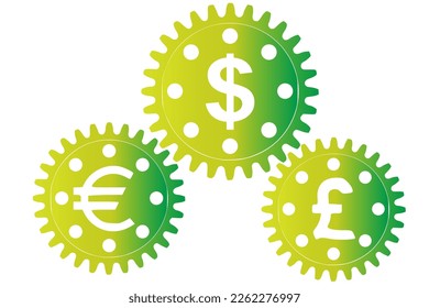 Vektorkonzept, Geld macht die Welt rundum. Ein Getriebe mit Dollar-, Euro- und Pfund Sterling-Zeichen