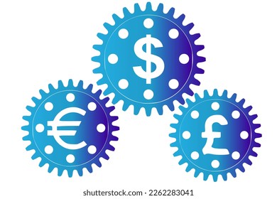 Vector concept, money makes the world go round. A gear mechanism with dollar, euro and pound sterling currency signs