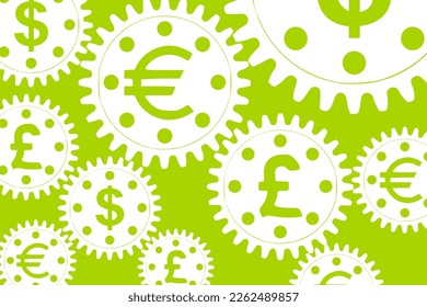 Concepto de vectores, el dinero hace que el mundo gire. Mecanismo de engranajes con signos de dólar, euro y libra esterlina