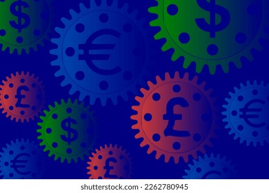 Concepto de vectores, el dinero hace que el mundo gire. Mecanismo de engranajes con signos de dólar, euro y libra esterlina