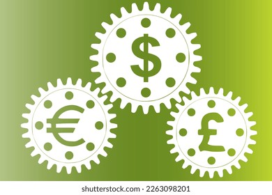 Concepto de vectores, el dinero hace que el mundo gire. Mecanismo de engranajes con signos de dólar, euro y libra esterlina