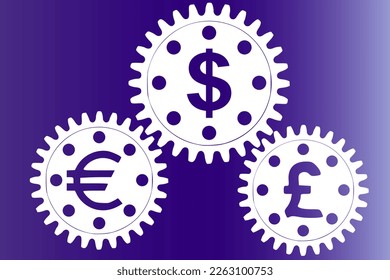 Vector concept, money makes the world go round. A gear mechanism with dollar, euro and pound sterling currency signs