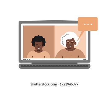Vector concept. Monitor of laptop with African American boy and elderly teacher. Online distant education in quarantine. Web platform for homeschooling and online courses. Granny talks with grandchild
