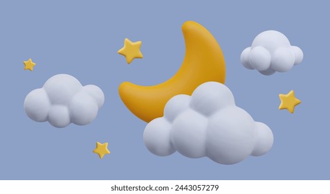 Vector concept of moonlit night on colored background. Yellow 3D crescent moon, stars, clouds