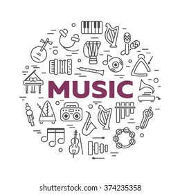 Vector concept with musical instruments in circle shape on white background. Set of music icons. Line style design.