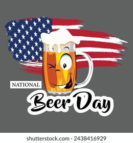 concepto de vector para el día nacional de la cerveza en ee.uu. 7 de abril con vaso de cerveza divertido en la bandera de fondo de américa